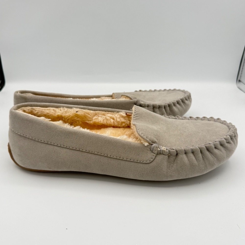 Floopi Moccasin Slipper Womens 10 Grey Faux Fur‎ Lined Micro Suede House Shoes - Picture 5 of 9